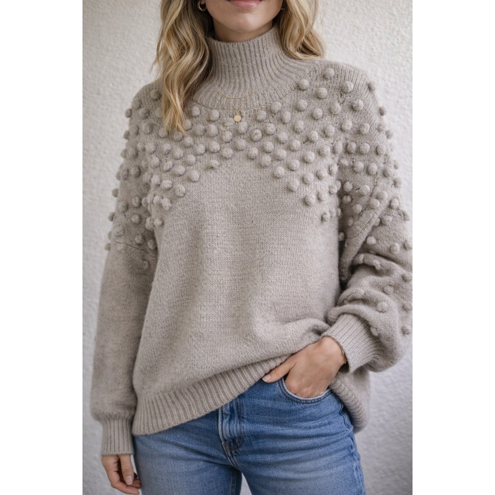 143 Story by Line Up Taupe Bobble Pom Pom Mock Neck Oversized Knit Sweater M